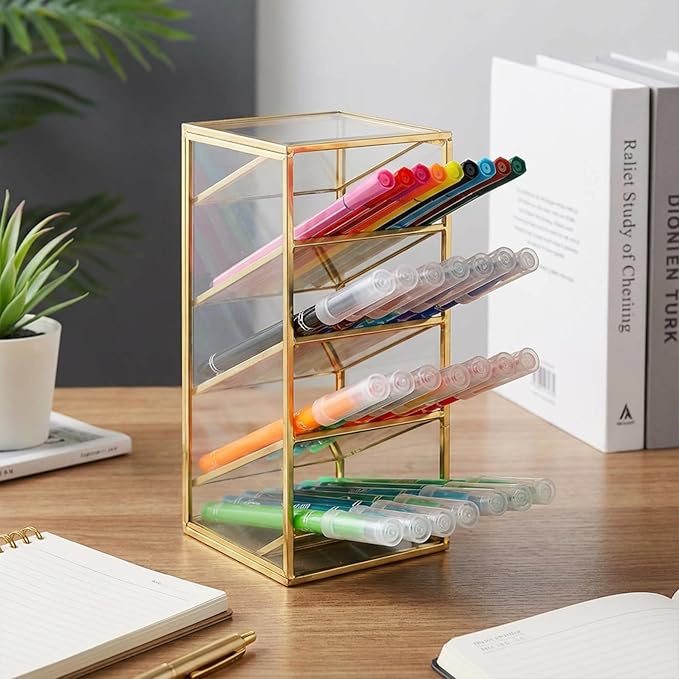 Peohud Rollerball Perfume Organizer, 4 Compartment Gold Glass Makeup Brush Holder, Vintage Desktop Organizer for Lipstick, Pen, Pencil, Home, Bathroom