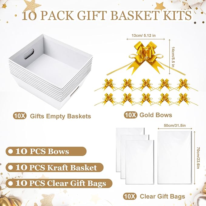 AFOROEOA 10PACK Baskets For Gifts Empty, 10 x 8”Thick White Gift Basket with 10 Clear Gift Bags and 10 Pull Bows, Empty Gift Baskets for Christmas, Thanksgiving Wedding Birthday Party Wrapping Gift