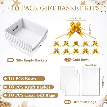 AFOROEOA 10PACK Baskets For Gifts Empty, 10 x 8”Thick White Gift Basket with 10 Clear Gift Bags and 10 Pull Bows, Empty Gift Baskets for Christmas, Thanksgiving Wedding Birthday Party Wrapping Gift