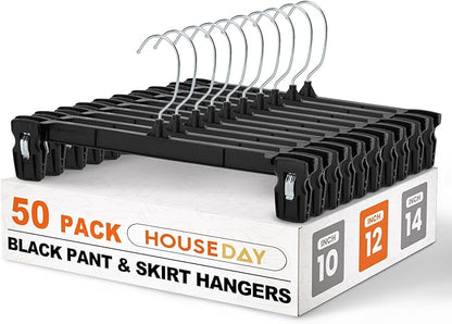 HOUSE DAY Black Pants Hangers 50 Pack, 12 Inch Skirt Hangers with Non-Slip Big Clips and 360° Swivel Hook, Heavy Duty Slim Plastic Pant Hanger, Space Saving Clip Hanger for Pants, Skirts, Shorts