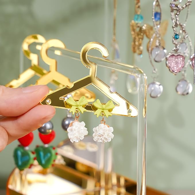 NiHome Acrylic Earring Holder with Unique Double-Tiered Design, Cute Miniature Clothing Hangers with Spacious Storage for 48 Pairs, Display for Home Vanity & Retail Showrooms(Gold, With Tray)
