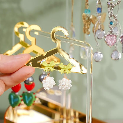 NiHome Acrylic Earring Holder with Unique Double-Tiered Design, Cute Miniature Clothing Hangers with Spacious Storage for 48 Pairs, Display for Home Vanity & Retail Showrooms(Gold, With Tray)