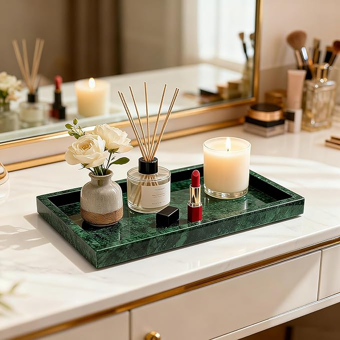 Pure Natural Marble Tray for Bathroom, Dresser, Sink. Cosmetics, toiletries, perfumes, Jewelry, Candles, etc. can be Placed (Jade Green, 12" x 8" x 1.2")