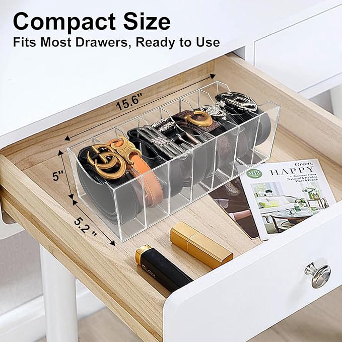 Belt Organizer Storage for Closet, Acrylic Belt Holder Box with 7 Compartments for Drawer, Clear Tie Display Case for Men Women, Home Organization