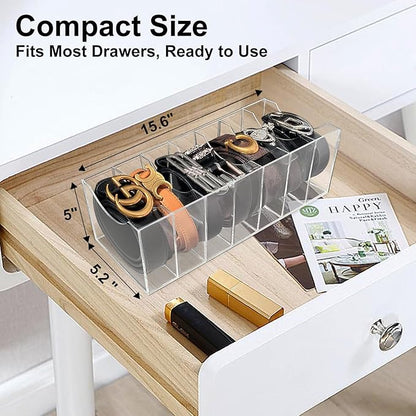 Belt Organizer Storage for Closet, Acrylic Belt Holder Box with 7 Compartments for Drawer, Clear Tie Display Case for Men Women, Home Organization