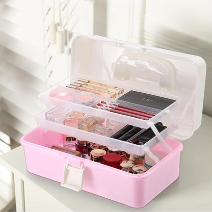 Hipiwe Plastic Hair Accessories Organizer Three-layer Folding Craft Organizer with Dividers Home Utility Case with Handle for Hair Tool Nail Art Tool Makeup, Pink