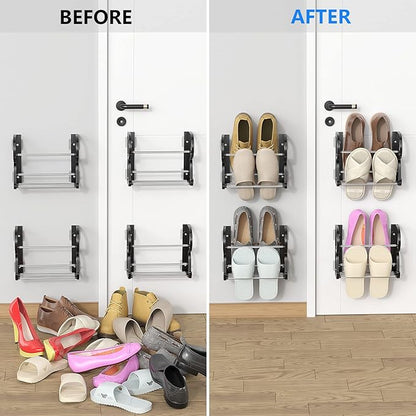 4 Pack Wall Mounted Shoes Rack Wall Shoe Holder Hanging Shoe Organizer Door Hanging Shoe Storage with Sticky Mounts for Camper RV with Hooks No Drilling Black