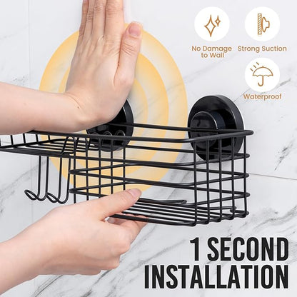LEVERLOC Shower Caddy Suction Cup, 2 Pack suction shower shelf with Hooks & Soap holder, NO-Drilling Bathroom Holder, Rustproof bathroom organizer, Black