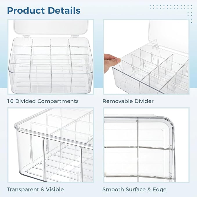 Varku Tie Organizer Box, 16-Cell Clear Tie Rack Organizer, Stackable Tie Display Rack, Drawer Closet Storage Bin with Lid, Storage Box for Ties (16 Cell)