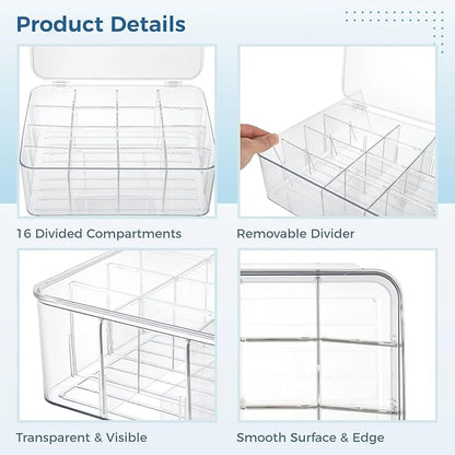 Varku Tie Organizer Box, 16-Cell Clear Tie Rack Organizer, Stackable Tie Display Rack, Drawer Closet Storage Bin with Lid, Storage Box for Ties (16 Cell)