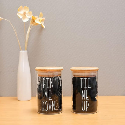MOMEEMO Apothecary Jars with Lids for Bathroom Storage Organizer, Hair Tie Organizer & Bobby Pin Holder are Great for Bamboo Bathroom Accessories. (Hair Ties & Pins)