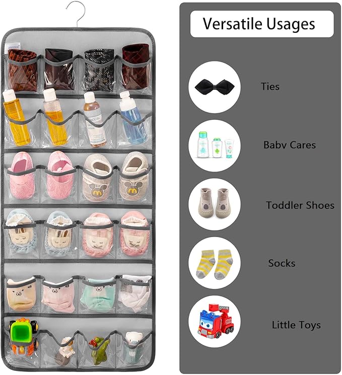 Dual-sided Hanging Baby Shoes Organizer Closet Toddler Shoe Storage Holder for Kids Bow Socks Underwear (GREY)
