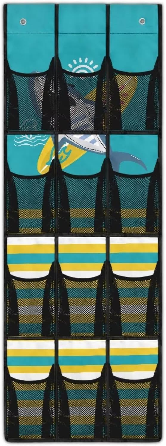 Large Capacity Door Organizer with 12 Pockets, Storage Hanging Bag Behind the Door for Accessories and Essentials, Foldable and Space Saving Design for Home Use, Cartoon Shark and Stripe