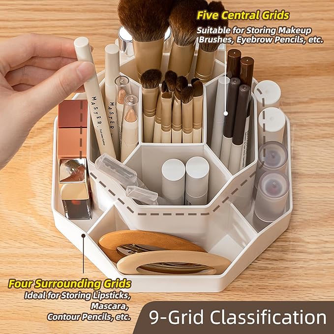 360° Rotating Makeup Brush Holder Organizer with 9 Slots, Makeup Organizers Countertop, Makeup organization and Skincare Storage for Vanity, Desktop, Bathroom (WHITE)