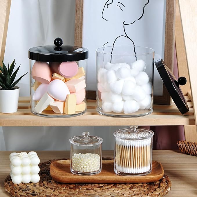 SheeChung 2-Pack Plastic Apothecary Jars with Black Metal Lids-Clear Acrylic Qtip Holder Set-Shatterproof Bathroom Vanity Organizer for Cotton Balls, Swabs, Pads-Modern Farmhouse Chic Decor