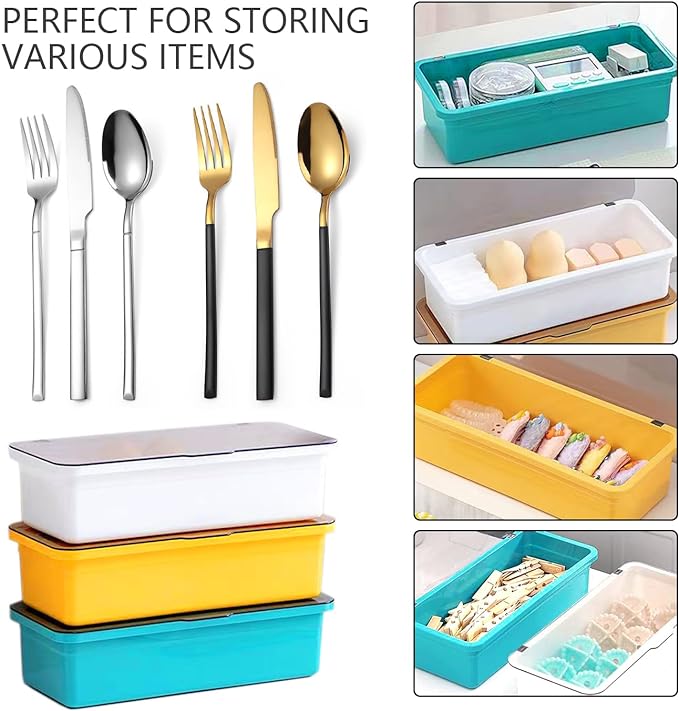 Flatware Tray with Lid and Drainer,Silverware Tray Kitchen Dinnerware Holder and Utensil Storage Container for Flatware and Silverware(Blue)