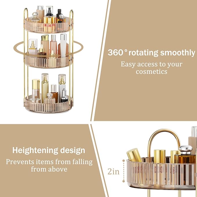 MOKANI 360 Rotating Makeup Organizer for Vanity, 3 Tier Adjustable Perfume Organizer for Dresser, Multi-Function Spinning Cosmetics Skincare Storage for Bedroom, Dresser, Countertop, Amber