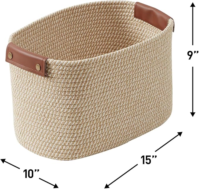 3 Pack Cotton Rope Storage Basket Woven Shelf Bin with Faux Leather Handles, Decorative Closet Shelf Woven Basket for Organizers, 15 x 10 x 9, Multi-Brown