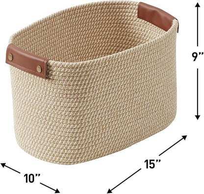 3 Pack Cotton Rope Storage Basket Woven Shelf Bin with Faux Leather Handles, Decorative Closet Shelf Woven Basket for Organizers, 15 x 10 x 9, Multi-Brown