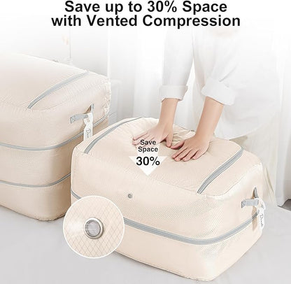 Comforter Storage Bag - 110L Large Capacity Blanket Storage Bags 2-Layer Ultra Space Saving Self Compression Organizer, Washable Compression Bags for Storage Comforter Blanket, 6-Pack, Beige