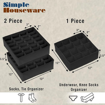 Simple Houseware Sock Drawer Organizer for Dresser/Closet/Bedroom, 3 Pack, Black