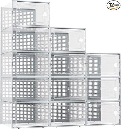 Kuject XX-Large Shoe Storage Boxes Organizers Clear Plastic Stackable 12 Pack, Shoe Rack & Holder Substitute, Sneaker Containers, Shoe Storage Organizer Bins for Closet, Under Bed, Grey(No Fold Line)