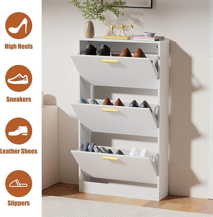 JOZZBY Shoe Cabinet Storage with 3 Flip Drawers for Entryway, White Slim Freestanding Modern Narrow Shoe Organizer Rack Cabinet for Hallway, Living Room, Set of 2