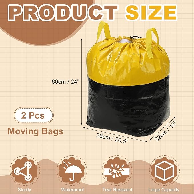 uxcell 2Pcs Extra Large Moving Bags, 15 x 12.6 x 25" Heavy Duty Woven Clothes Storage Totes Waterproof Packing Bags with Elastic Band and Handle for Home Camping Packing Quilts, Yellow
