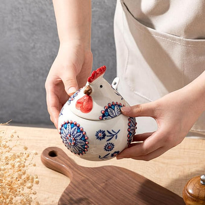 LemonRoad 2 Pcs Ceramic Salt Cellar with Lid and Spoon, 13oz Large Chicken Rooster Cookie Jar Salt Containers Holder for Countertop Spices, Ideal for Adding Charm to Kitchen Christmas Decor(Blue)