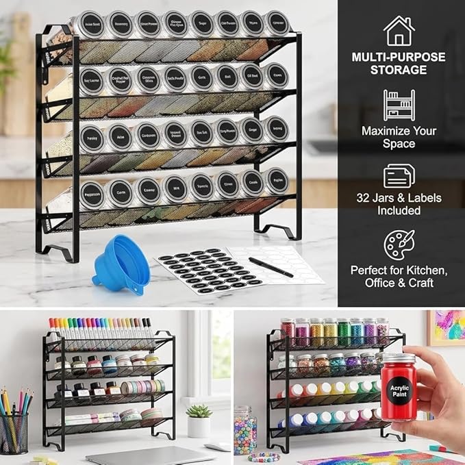 Simple Trending Spice Rack Organizer with 32 Empty Spice Jars, 64 Spice Labels, Chalk Marker and Funnel Set for Cabinet, Countertop, Kitchen, Pantry or Wall Mount, Black
