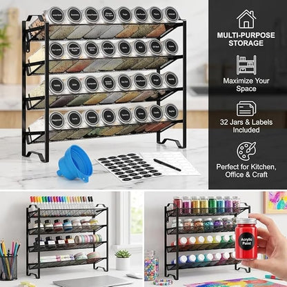 Simple Trending Spice Rack Organizer with 32 Empty Spice Jars, 64 Spice Labels, Chalk Marker and Funnel Set for Cabinet, Countertop, Kitchen, Pantry or Wall Mount, Black