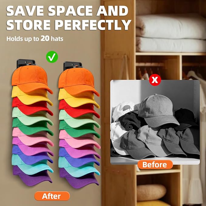 Spring-Loaded Hat Organizer for Baseball Caps (2 Pack) – Holds 20 Caps, Quick Insert & Smooth Release with Secure Hold, Wall Mount for Closet or Door with Adhesive & Screws