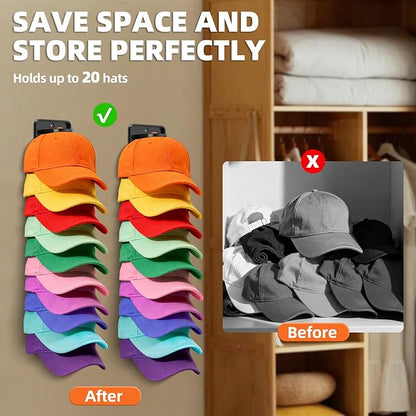 Spring-Loaded Hat Organizer for Baseball Caps (2 Pack) – Holds 20 Caps, Quick Insert & Smooth Release with Secure Hold, Wall Mount for Closet or Door with Adhesive & Screws