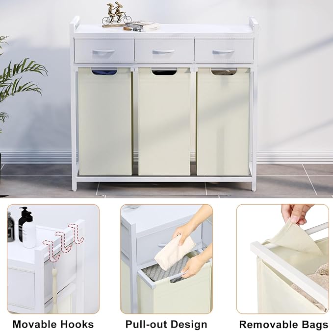 Timberer Laundry Hamper, Laundry Sorter 3 Section, Rolling Laundry Basket with Wheels, 3 Drawers, 3 × 14.5 Gal (55 L), Pull-Out and Removable Oxford Fabric Bags, White and Beige