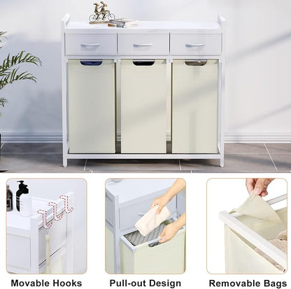 Timberer Laundry Hamper, Laundry Sorter 3 Section, Rolling Laundry Basket with Wheels, 3 Drawers, 3 × 14.5 Gal (55 L), Pull-Out and Removable Oxford Fabric Bags, White and Beige