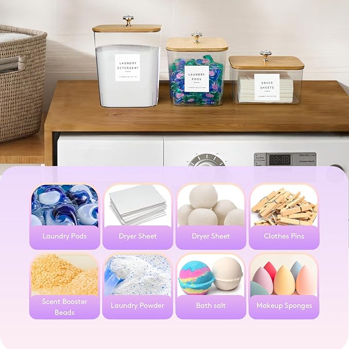 POLRAI 4 Pack Laundry Pod Containers and Dryer Sheet Holder, Laundry Room Organization Storage Containers with Lids and Labels for Detergent Pods Dry Sheet Organizing