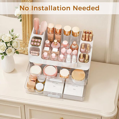 Makeup Organizer for Vanity with Drawers, Large Countertop Makeup Organizer - Skincare Storage, Brush Holder, Perfume & Cosmetics Display Case (White)