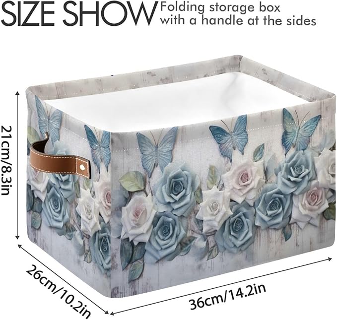 YETTASBIN Rose Butterfly Storage Basket 2pc, Large Collapsible Toys Clothes Organizer, Durable Canvas Storage Bin with Handle for Shelves Closet Laundry Home Office Decor