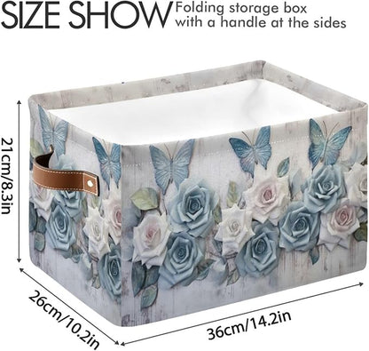 YETTASBIN Rose Butterfly Storage Basket 2pc, Large Collapsible Toys Clothes Organizer, Durable Canvas Storage Bin with Handle for Shelves Closet Laundry Home Office Decor