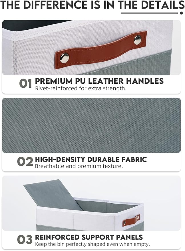 [6-Pack] Fabric Storage Bins (15x11x9.5 ) Reinforced 2.5mm Cardboard Shelf Bins with PU Leather Handles Durable Storage Baskets for Closet Organization, Toy Organizer, & Home Office White&Grey