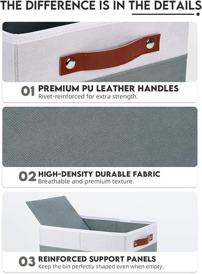 [6-Pack] Fabric Storage Bins (15x11x9.5 ) Reinforced 2.5mm Cardboard Shelf Bins with PU Leather Handles Durable Storage Baskets for Closet Organization, Toy Organizer, & Home Office White&Grey