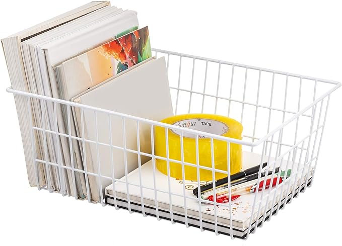 iPEGTOP Wire Storage Freezer Baskets, Set of 6 Large 15.4" Farmhouse Organizer Storage Bins Fridge Basket Rack with Handles for Kitchen Cabinets, Pantry, Office, Bathroom Organization - White