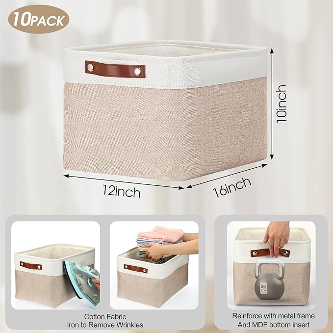 Uiifan 10 Pcs Collapsible Storage Bins Fabric Foldable Storage Basket with Handles Cloth Organizer Linen Shelf Baskets for Shelves Home Closet Nursery Toys(16 x 12 x 10 Inch,Beige and White)