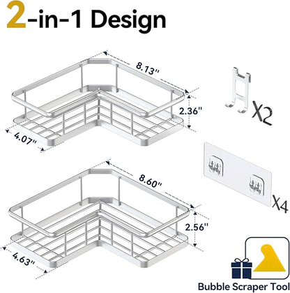 YASONIC Shower Caddy Corner, 2-Pack Adhesive Rustproof Stainless Steel Shower Shelves with Soap Holder, No Drilling Shower Organizer Corner for Dorm, Renters Bathroom Silver