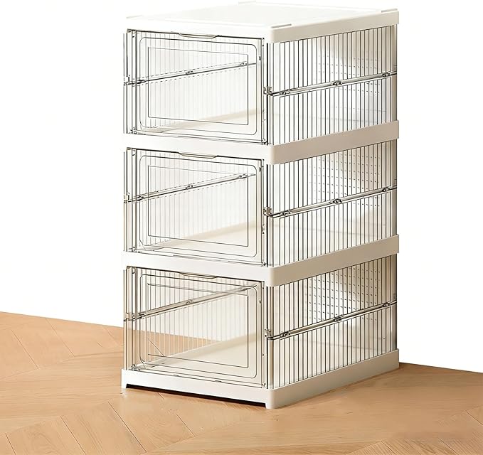 TARSHYRY Foldable Shoe Organizer, Stackable Shoe Rack with Transparent Door, Space Saving Bin Holder for Sneaker Container, Organizer for Boots, Heels, Sandals (3 Layers 10.04x13.58x20.67in)