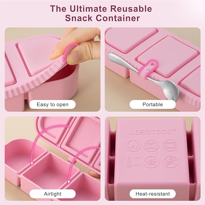 2Pack Silicone Reusable Snack Containers with Lids | Small 3-Compartment Snackle Box |Perfect for Kids Lunch, Sauce, Food Storage at School, Work, Travel