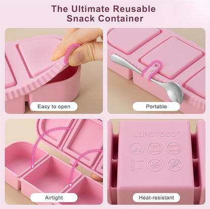 2Pack Silicone Reusable Snack Containers with Lids | Small 3-Compartment Snackle Box |Perfect for Kids Lunch, Sauce, Food Storage at School, Work, Travel