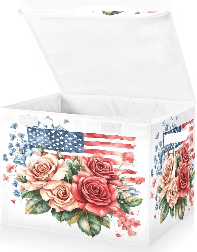 senya July Fourth Baskets Collapsible Storage Bins with Lids, Roses Gypsophila Flag Storage Boxes Clothes Baskets for Organizing