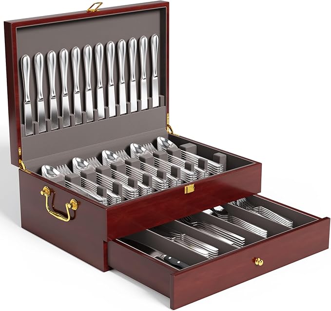 Mahogany Wood Silverware Storage Box,2-Layer Silverware Chest Case with Lid Drawer Handle Silverware Case with Felt Lined,Flatware Storage Box Holds 12-16 Sets of Utensils,Wedding Housewarming Gifts