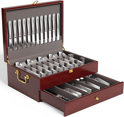 Mahogany Wood Silverware Storage Box,2-Layer Silverware Chest Case with Lid Drawer Handle Silverware Case with Felt Lined,Flatware Storage Box Holds 12-16 Sets of Utensils,Wedding Housewarming Gifts